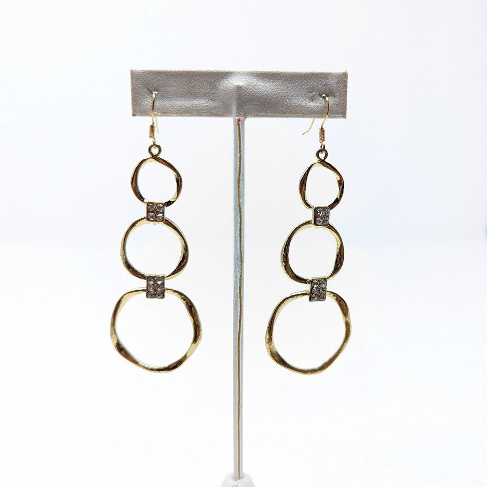 New Triple Circular Hoop Gold-Toned Crystal Accented Earrings